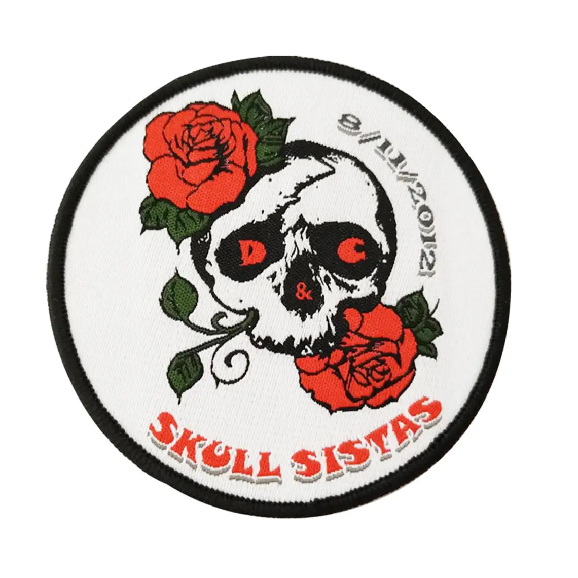 Custom woven badges skull and rose  merrow edge patches woven labels for Kids DIY Clothing Decoration Bag Decoration