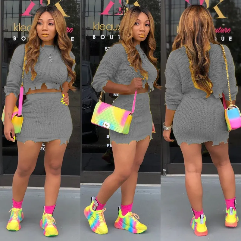 Knitted Autumn Fashion 2 Piece Outfits Women Long Sleeve Casual Matching Sets Solid Cropped Sweater And Skirt Set Y12167