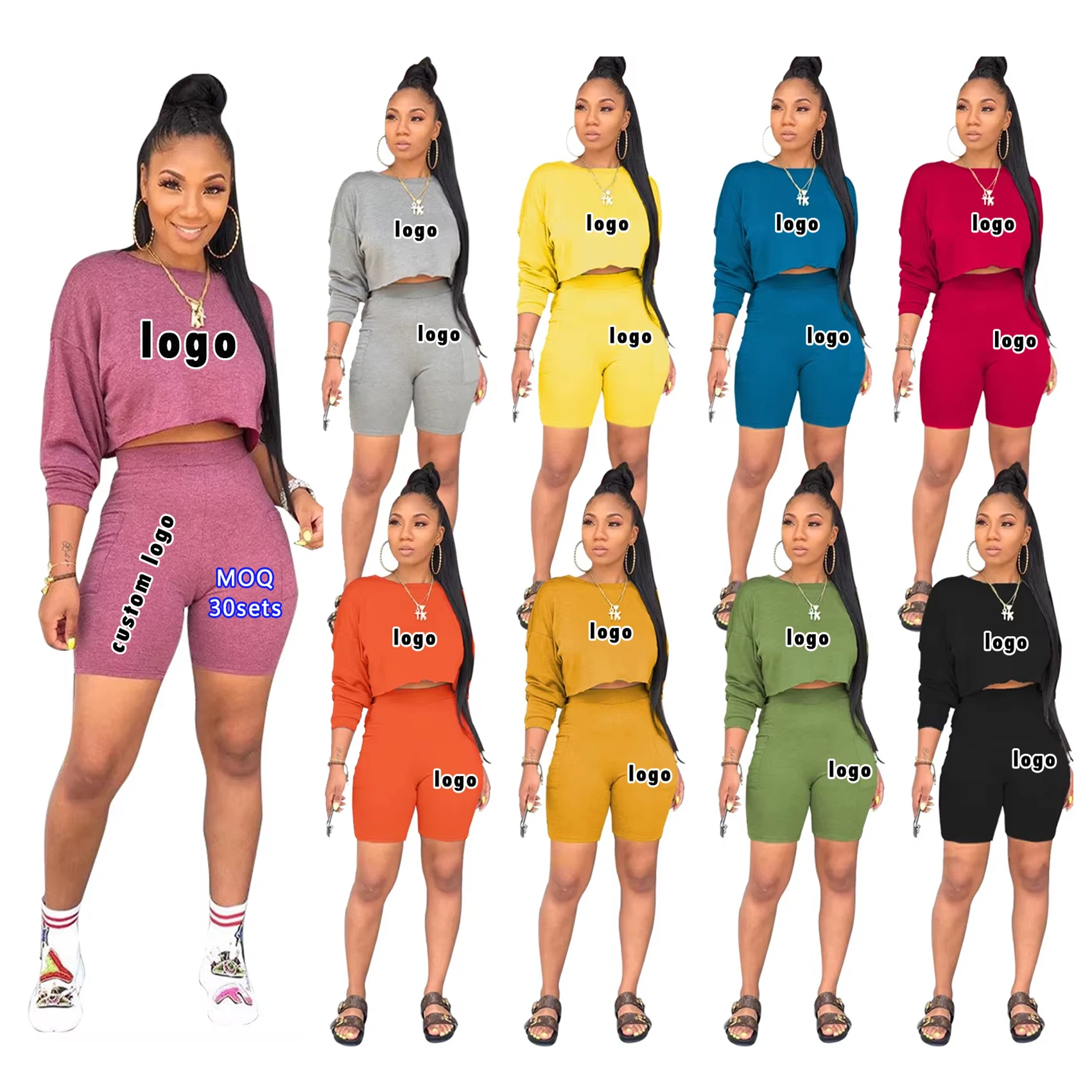 custom long sleeve plain crop top set manufacturing for women Lady Solid Color 2 pce Suit Clothes Set