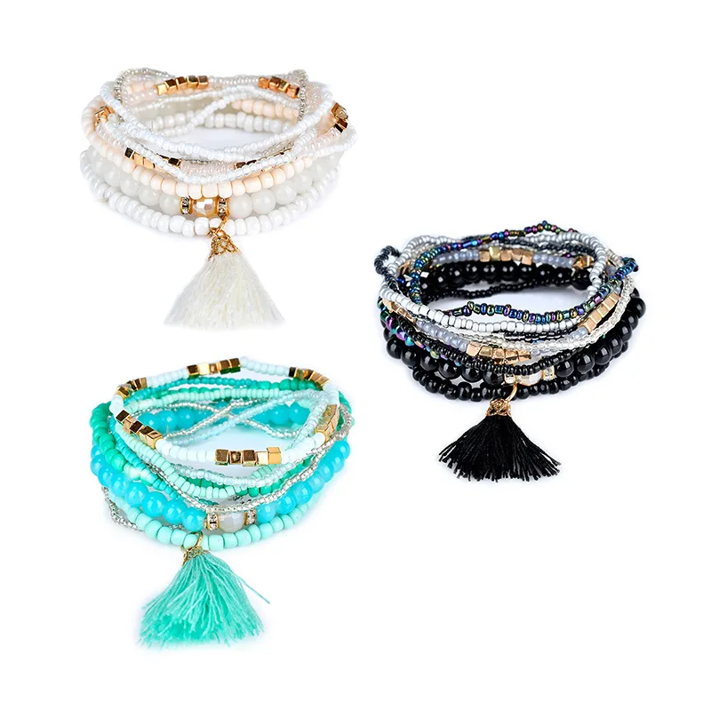 Boho Multi-layer Crystal Glass Seed Beaded Bracelet Tassel Charms Elastic Bracelets Stackable Bangles Set for Women Party Gifts