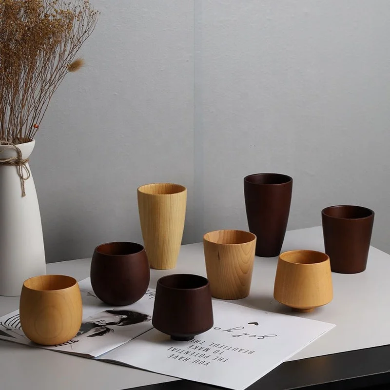 vintage wood grain Big belly wooden coffee tea cup  drink cup bamboo wooden coffee mug