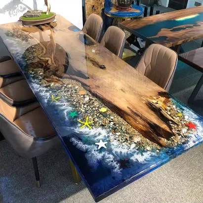 Vintage Furniture Luxury Coffee Solid Wood River Design Dining Table Restaurant Table Resin Epoxy Table