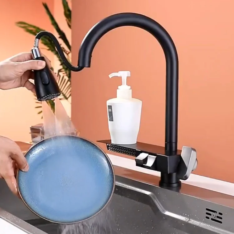 SANIPRO New Fly Rain Waterfall 304 Stainless Steel Sink Kitchen Tap Mixer Push Button Piano Key Pull Out Down Sprayer Faucets