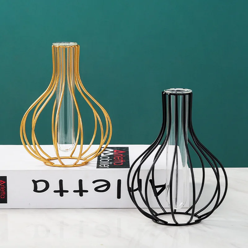 Wholesale wrought iron vase ornaments tube transparent glass home living room dry hydroponic flower arrangement decorat