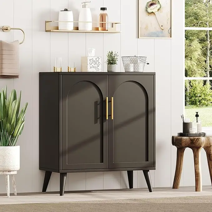 Rattan Storage Cabinet with Doors, Modern Sideboard Buffet Cabinet for Living Room, Entryway, Dining Room and Kitchen, Black