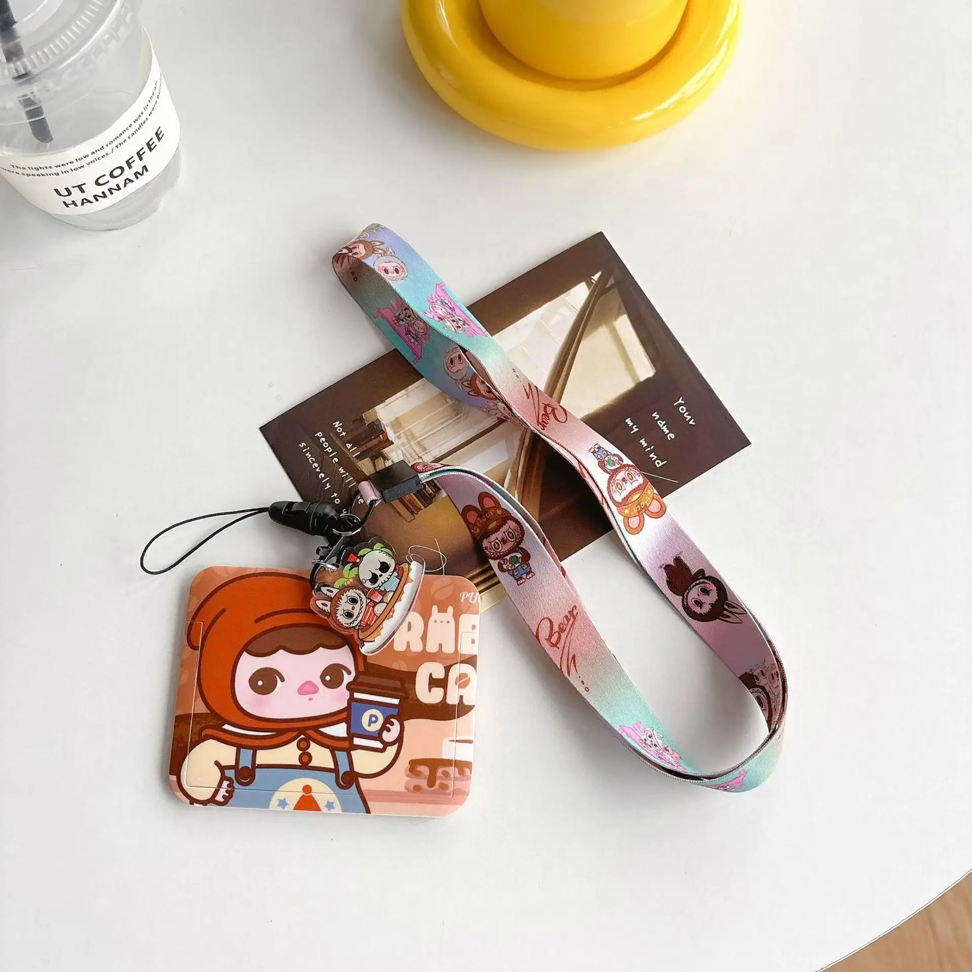 6 designs crosswise Anime labubu Campus Card Holder set Protective Sleeve Hanging Neck Rope Card Cute Campus Meal Card Lanyard