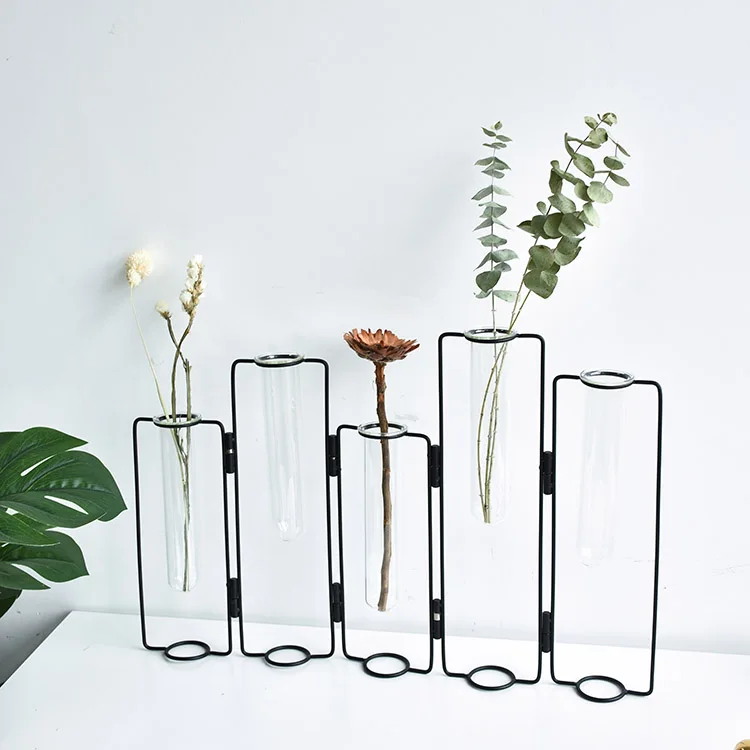 
Home Decorative Glass Metal Transparent Glass Tube Unique Shaped Flower Vase Test Tube Glass Vase 