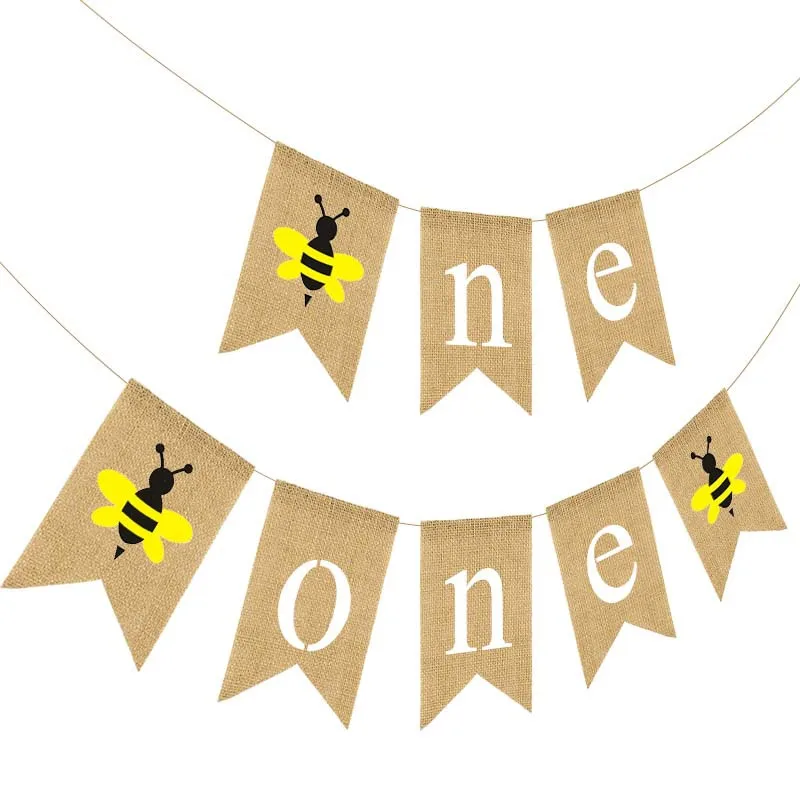 Jute Burlap Bee Themed One Highchair Hessian Banner Baby 1st Birthday Party Rustic Bunting Banner ONE Banner with Bee CUstomized