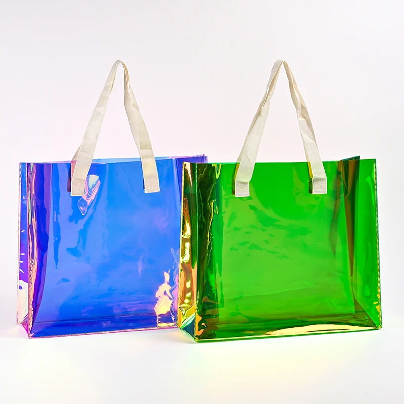 Custom Blank Printed Logo Clear PVC Laser Tote Holographic Bag Hologram Handle Bag Waterproof PVC Iridescent Tote Shopping Bag