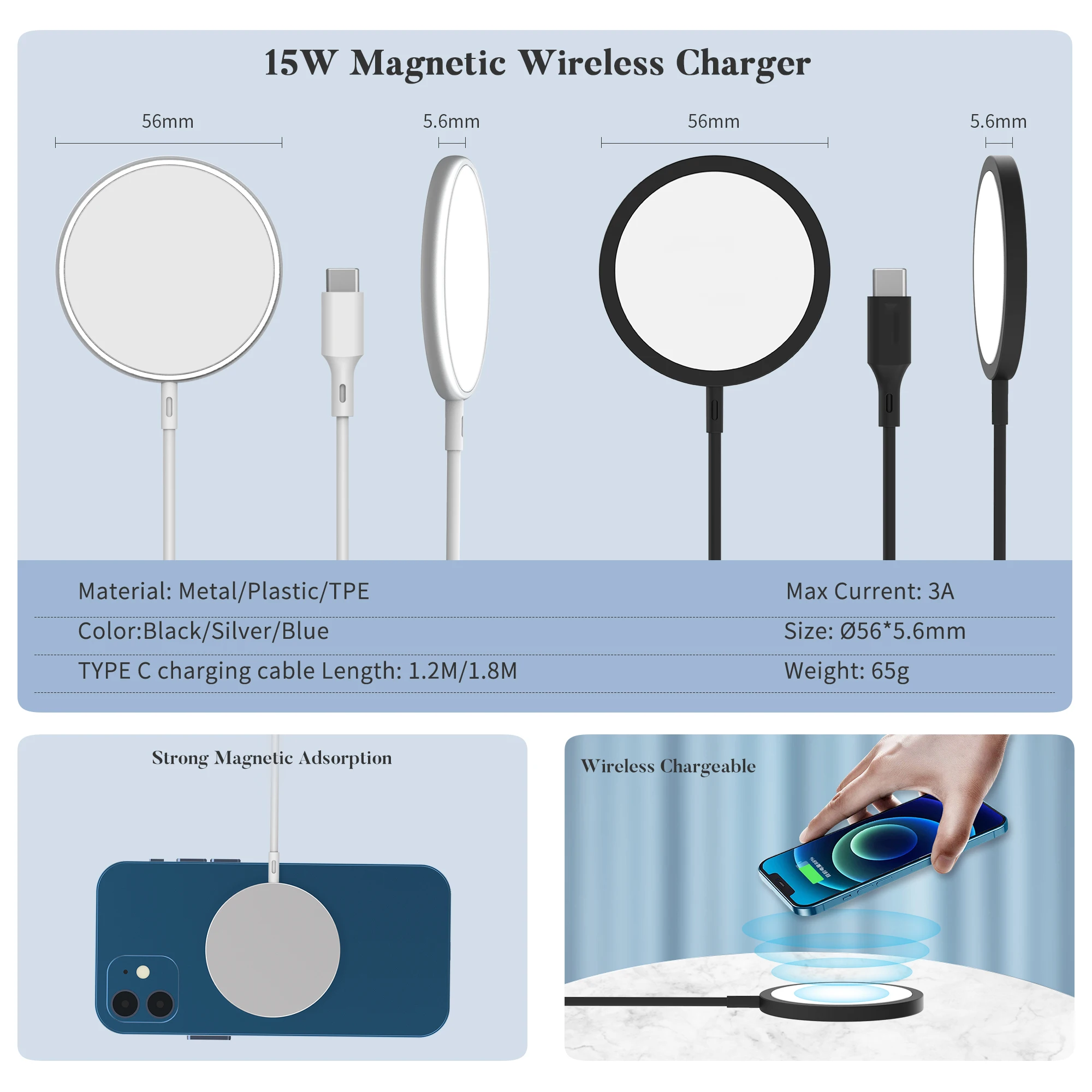 Universal Adapter support 15w usb-c port wireless qi magnetic android phone charger