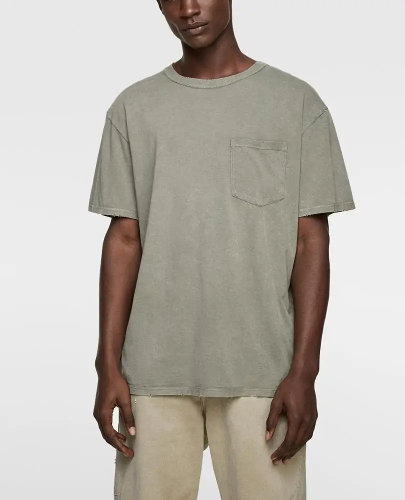 Short Sleeve Casual soft screen printing embroidery pocket wholesale men denim style washed t shirt