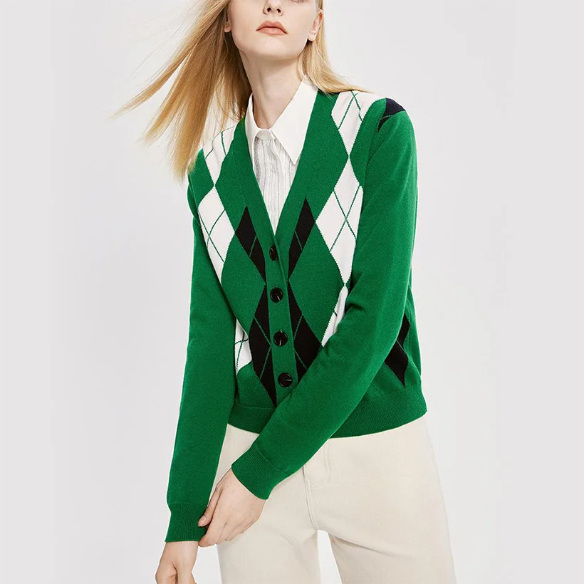 Womens 100% Wool Contrasting Color Rhombus Pattern Intarsia knit Button Closure Cardigan Knit For Top Knitwear Sweater