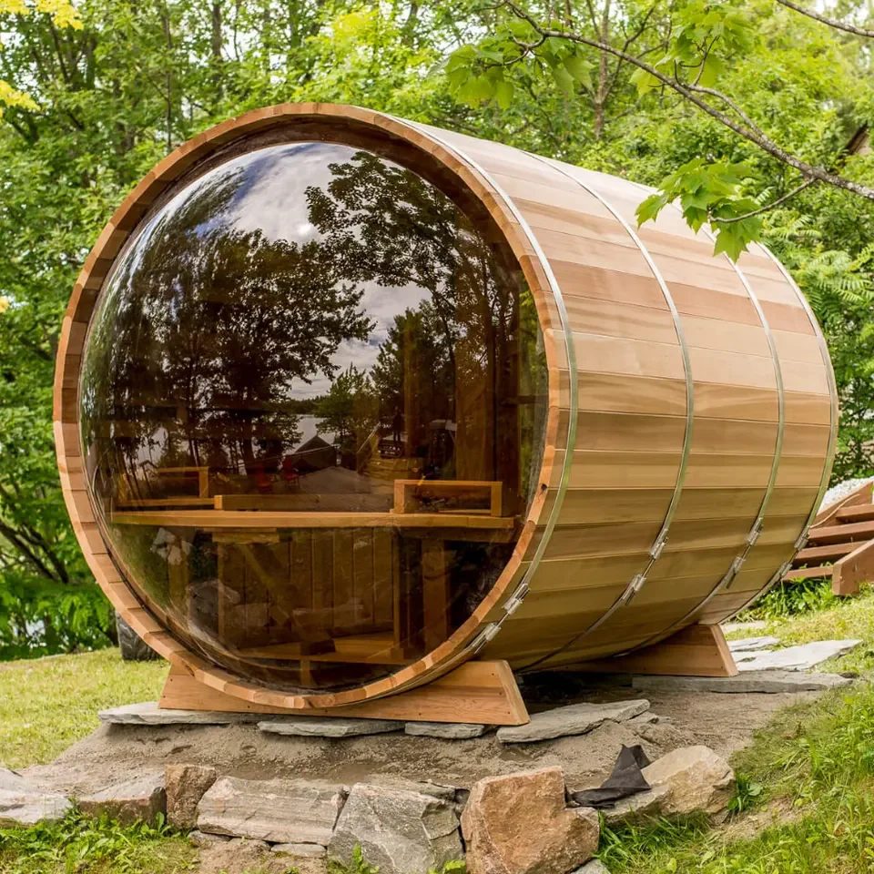 Hot Sale Custom Logo Outdoor Traditional Wooden Barrel Sauna Room with Harvia Stove and Stones