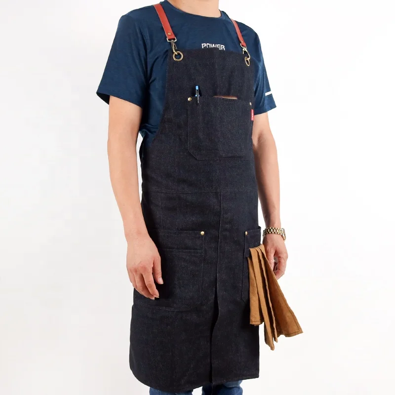 CHANGRONG Black denim work Split Leg apron for barista restaurant gardening custom logo