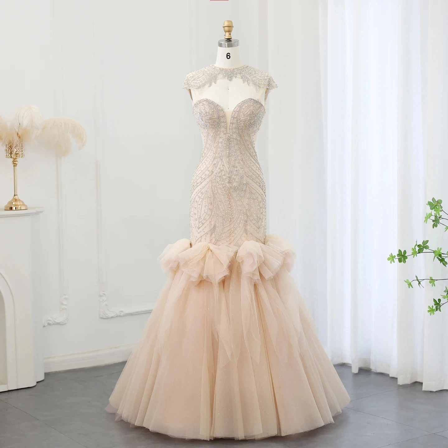 Dubai Luxury Champagne Crystal Mermaid Evening Dress