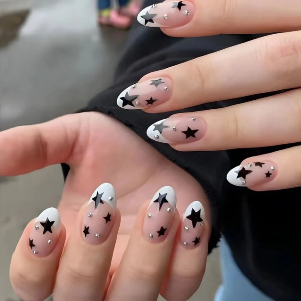 Press on Nail Tips Black and White Fake Acrylic Artificial Fingernails Salon Quality Press On Nails