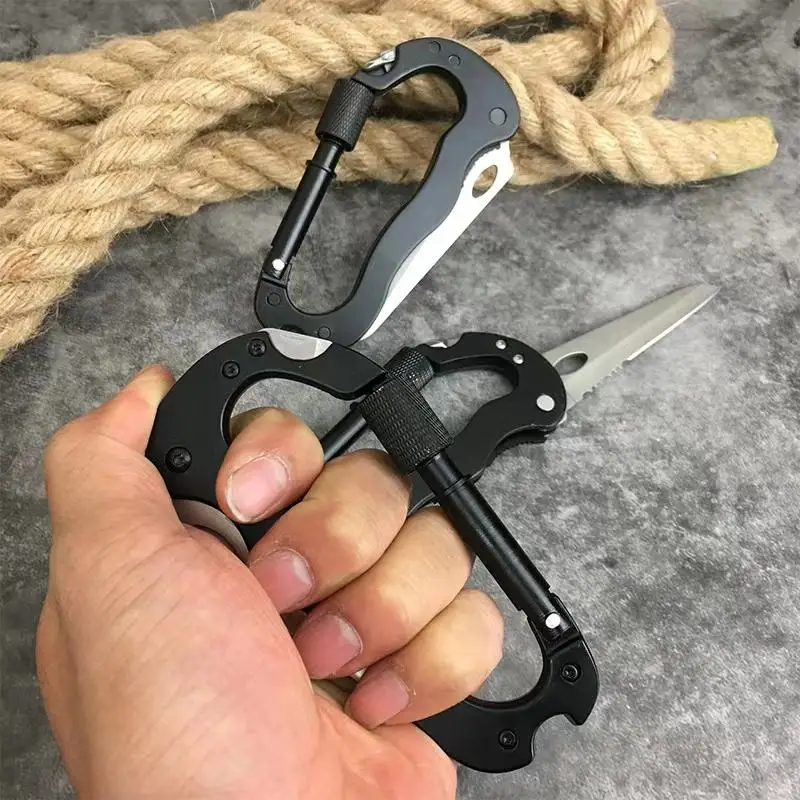 Kongbo 5 in 1 Multi-tool Carabiner Knife Foldable Survival D Shape Keychain Buckle EDC Hook Tool