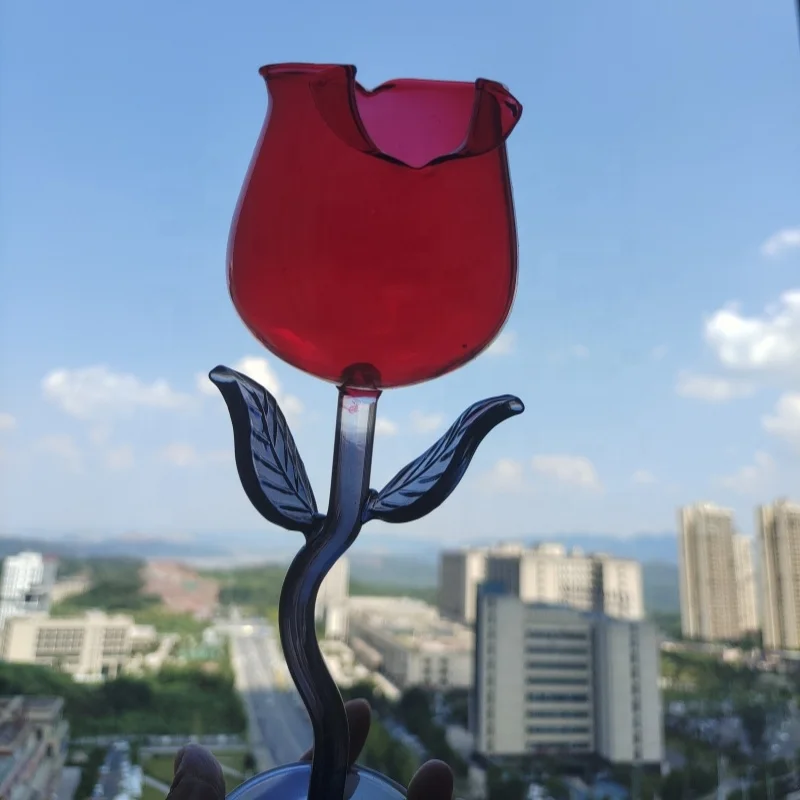 Elegant Creative red color Flower Shaped Glass Unique Rose Red Wine Glasses Goblet with gray stem and leaf  For Couples Lovers