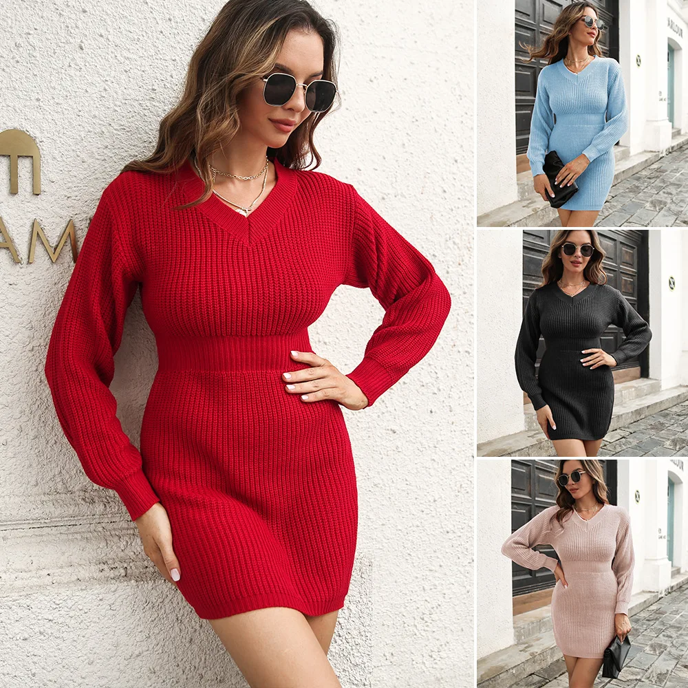 2022 New Arrival Fall Sweater Dress Slim Fit Long V-neck Knitting Wool Pullovers Sexy Midi Winter Long Sleve Women Sweater Dress