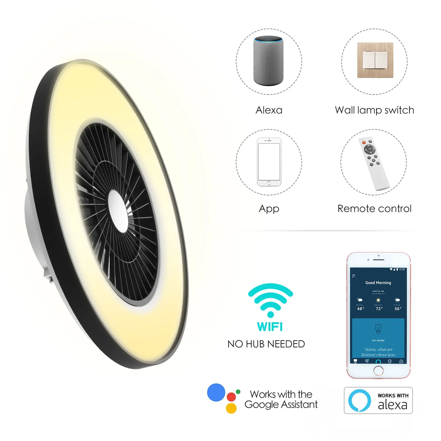 New Product High Quality Black Painting Led Residential TuYa Smart Control Ceiling Fan With Lights and Remote for home