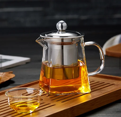 New design square shape pyrex glass teapot with handle and stainless steel infuser