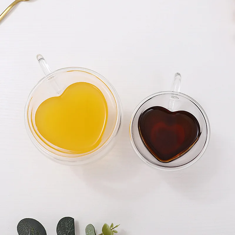 Wholesale O351 Creative Clear Glasses 180 240ml Coffee Mug Transparent Love Cup Heart Shaped Double Wall Glass Mugs