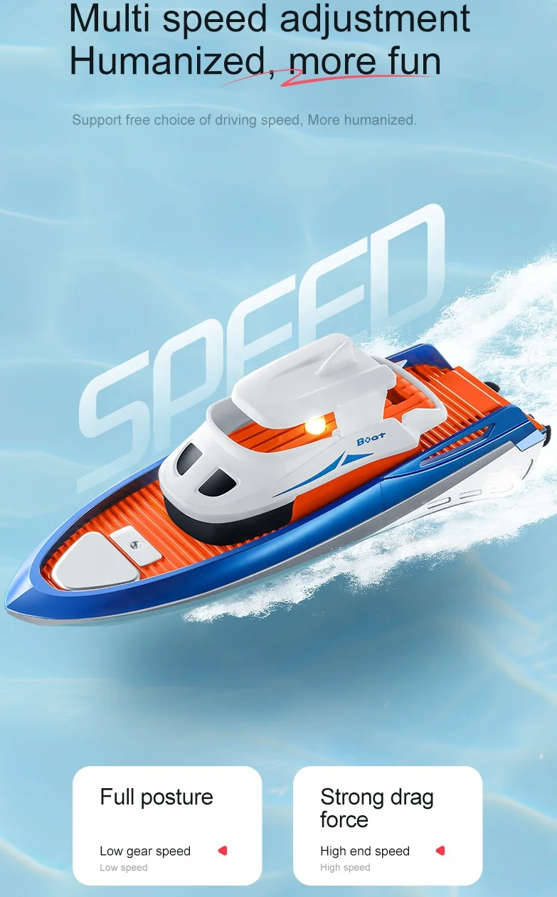 High Speed Toy Speed Boat Mini with USB Charging LED Searchlight 2.4GHz Control and Water Sensing Switch Durable RC Yacht Toy