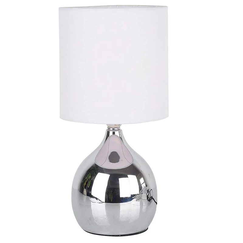 Mini Touch Lamp 4 Stage Control Table Nightstand End Bedside Lamps White Fabric Shades  Modern Chrome Small Table Desk R