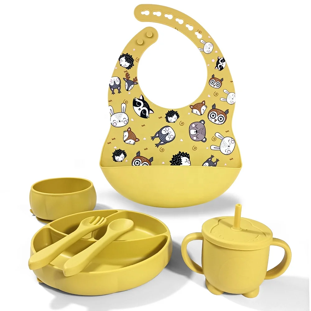 Bpa Free Infant Led Weaning Toddler Eating Food Divided Plate Training Cup And Suction Bowl Spoon Silicone Baby Feeding Set