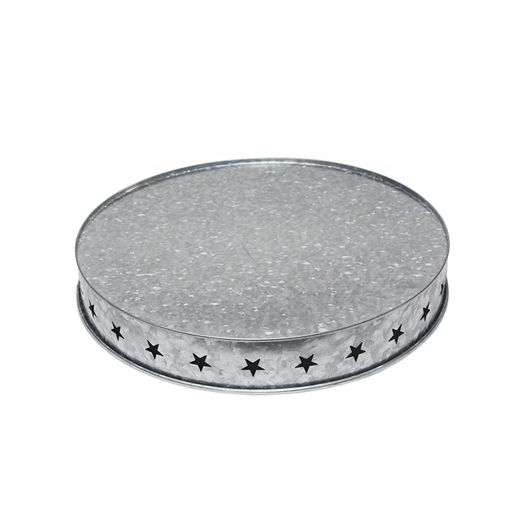 Stars Printed Sliver Round Galvanized Metal Serving Tray for Rustic Home Decor