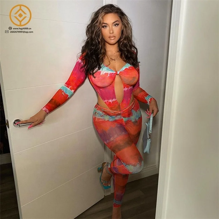Factory Dropshipping 2021 women clothes sexy two piece long sleeve hollow out print mesh pants set fall outfits
