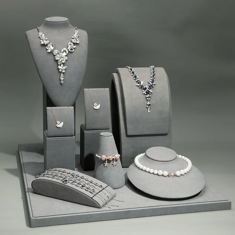 
High End Customized Bracelet Necklace Ring Earring Holder Microfiber Gray Jewelry Display Stand Sets Luxury for Showcase Store 