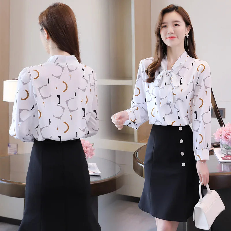 
New Bow White Blouse Women 2021 Button Office Lady Blue Chiffon Shirt Autumn Tops Clothes 
