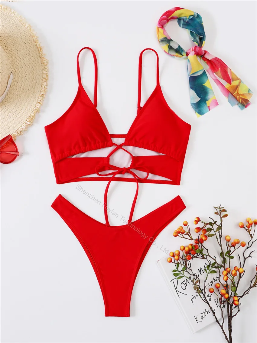 Hot Sexy Pakistan Red Thong Bikini Set Hollow Out Womens Bikini Swimsuits