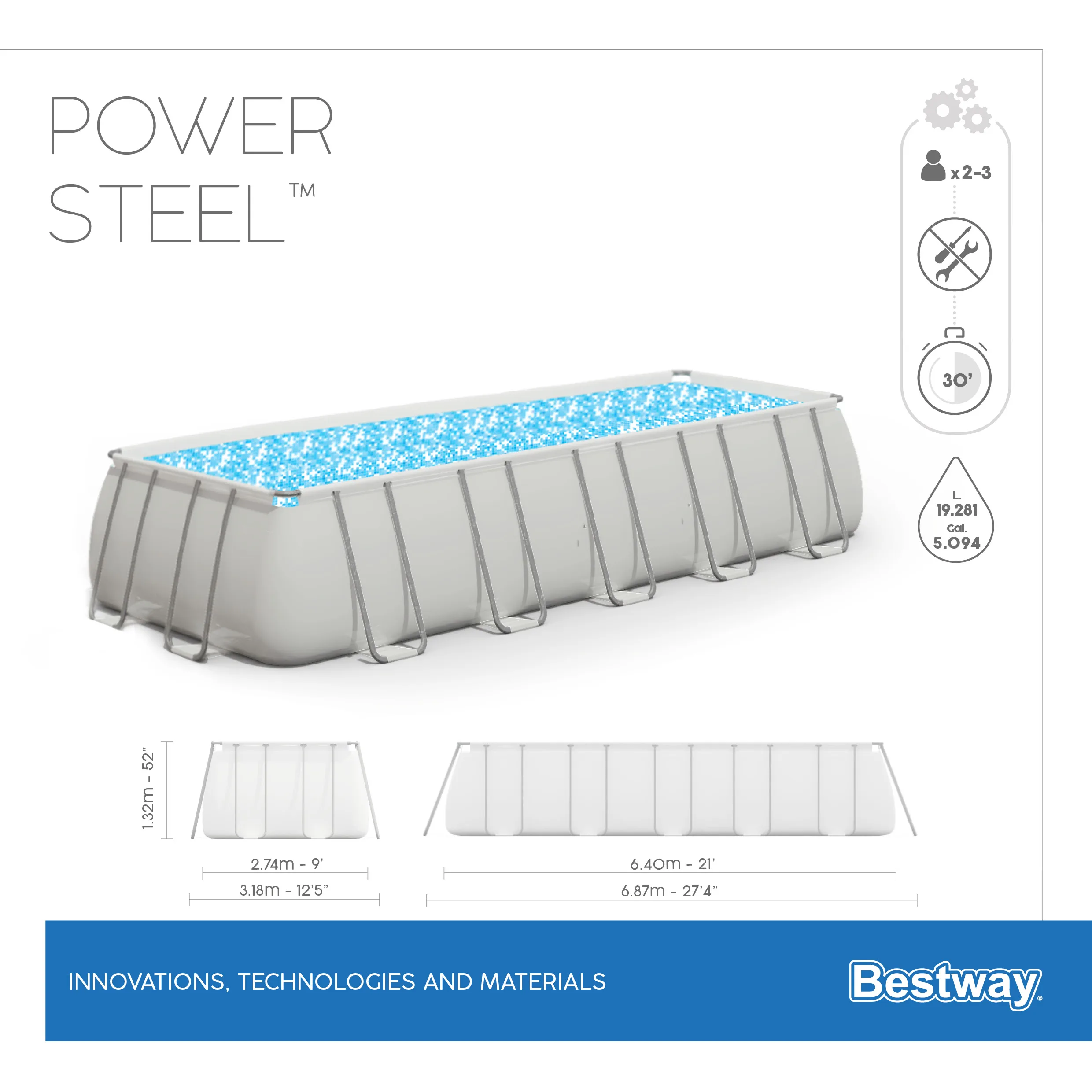Bestway 5612B Factory Price PVC Family Outdoor Swimming Pool 6.40m x 2.74m x 1.32m Rectangular Metal Frame Ground & Accessories