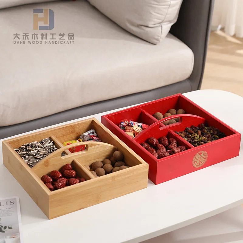 Food Grade Smooth Wooden Compartment Serving Tray Melon Seeds Candy Nut Storage Wood Box Solid Dried Fruit Boxes