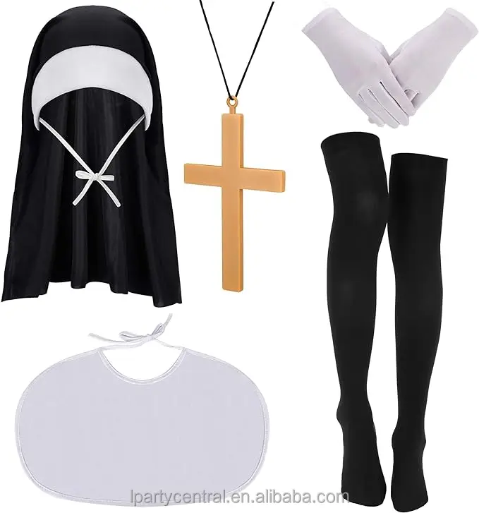 Nun Costume Set  Hat Collar Cross  Pendent Necklace Gloves  Knee Thigh High Socks for Halloween Cosplay  Carnival Theme Party