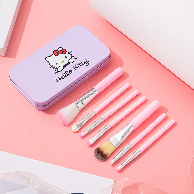 Customized Logo Factory Price 7pcs hello Mini Kitty Traveling Brush Set For Makeup In Tin Box Eye & Face Use Wholesale