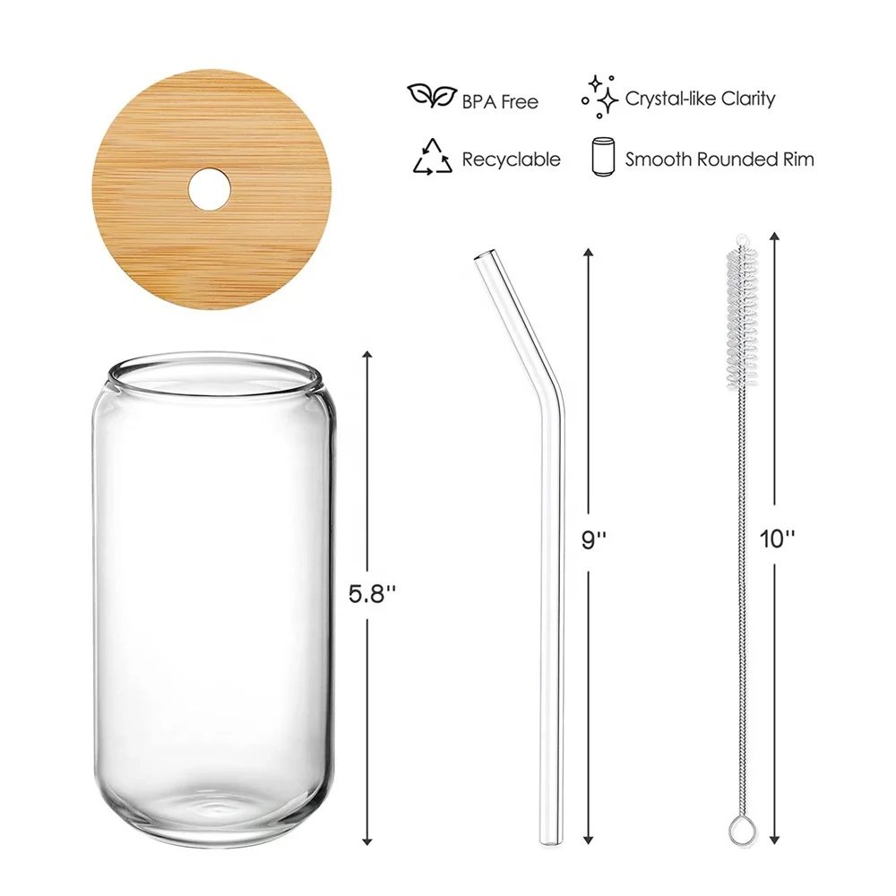 Wholesale 16oz Drinking Glasses Coffee Can Water glass cup with Bamboo lid and straw cheap water glass cup