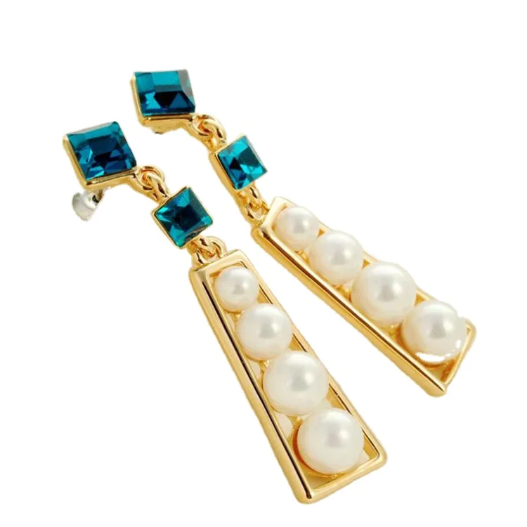 2017 New Model Fashion three pearls kc gold rectangle border blue prismatic Rhinestone women girl party jewelry charm earring