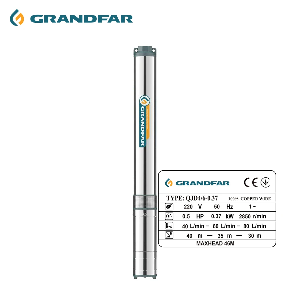 Grandfar 0.5HP 0.37KW High flow rate PUMP SHAFT Stainless irrigation agriculture dry motor deep well submersible water pump