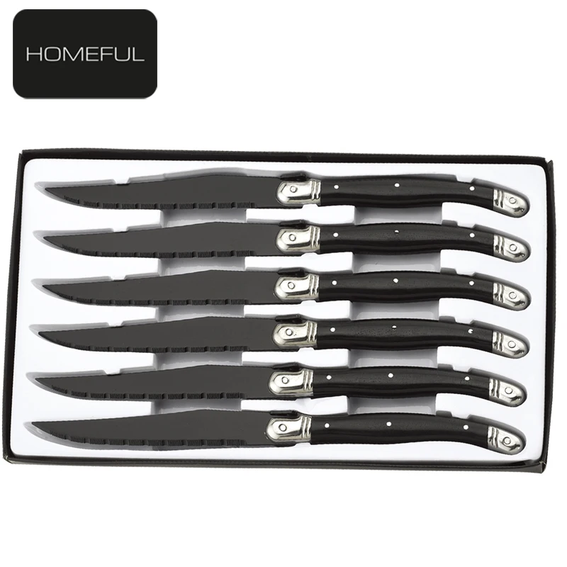 New collection laguiole steak knife set with black coating serrated blade and ABS handle