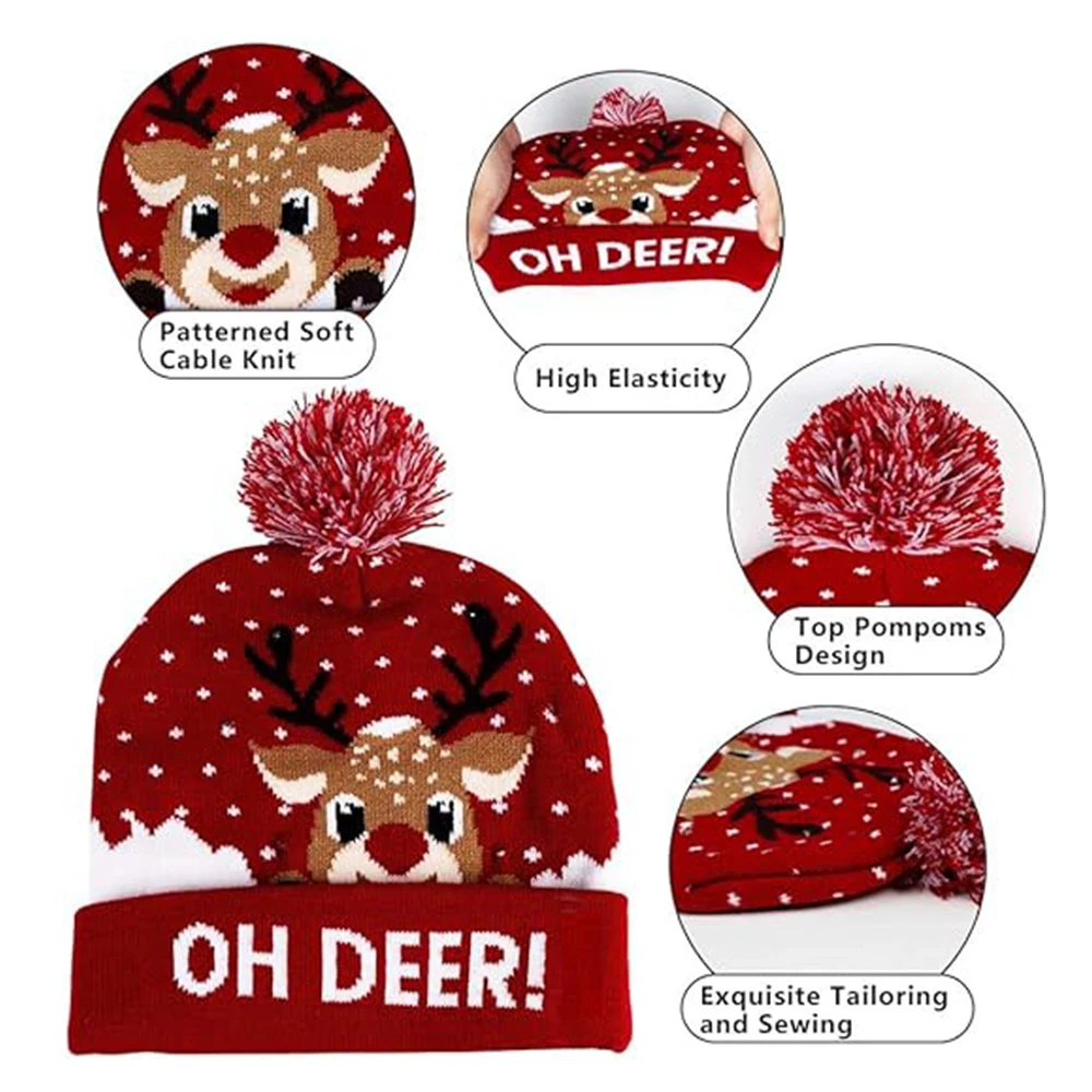 Custom LED Christmas Hat Light Up Knitted Santa Hats Unisex Knitted Beanie Holiday Hat with Deer Printing for Party