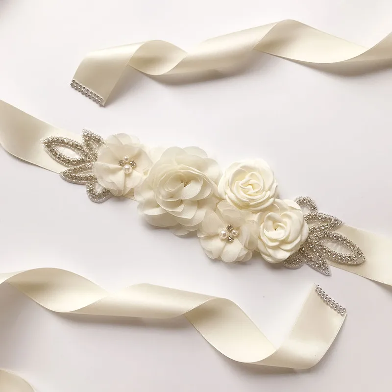 SLBRIDAL Crystal Pearls Wedding Rose Flower Belt Satin Rhinestones Evening Prom Dress Belt Bridal Ribbon Sash Bridesmaids Women