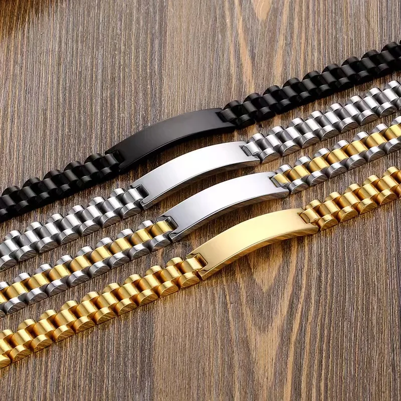 Custom engraved blank bar bracelets, 316L stainless steel gold plated watch strap bracelet for men