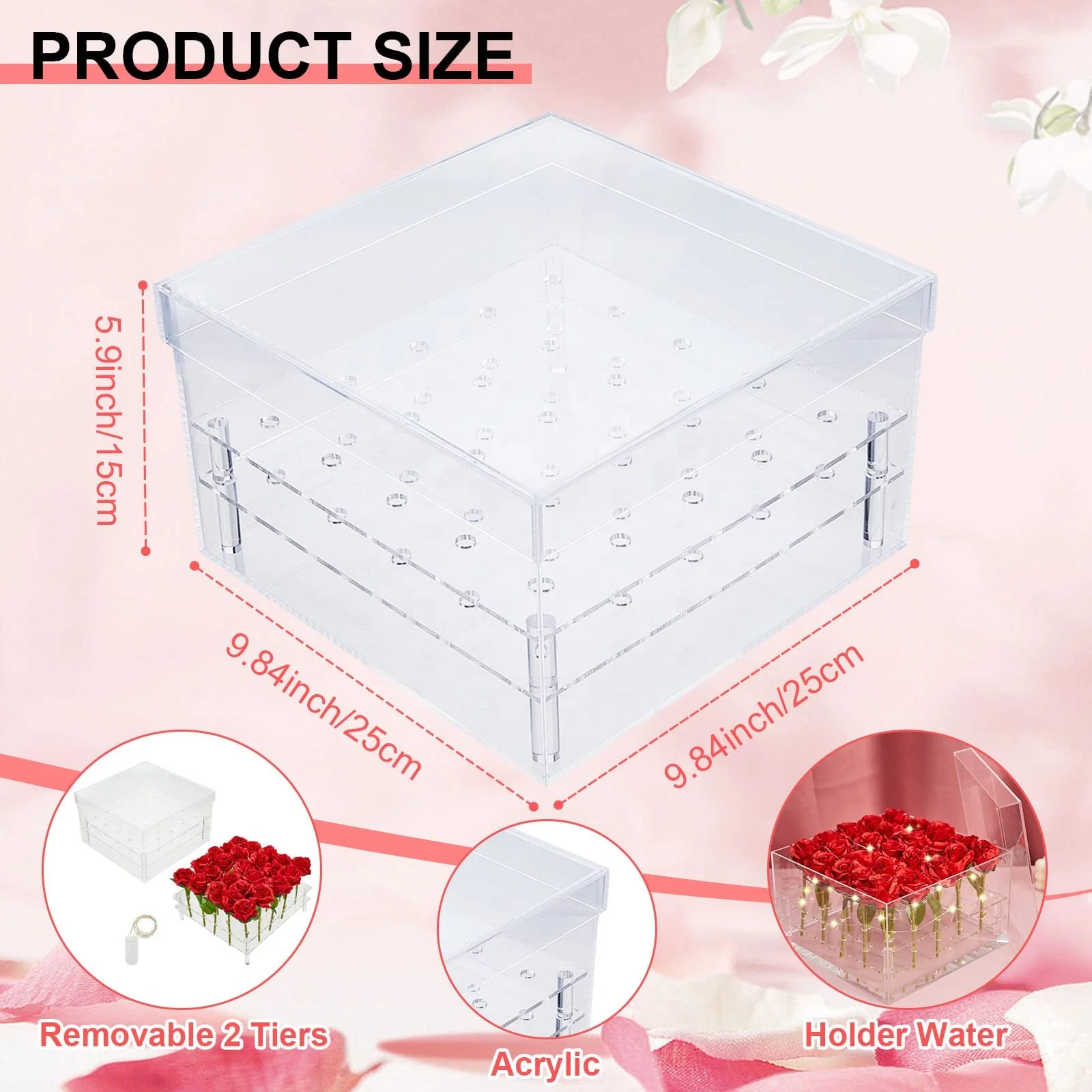 Wholesale Acrylic Square Clear Flower Box Preserved Rose Display Bridal Bouquet Large Gift Acrylic Preserved Fresh Roses Case