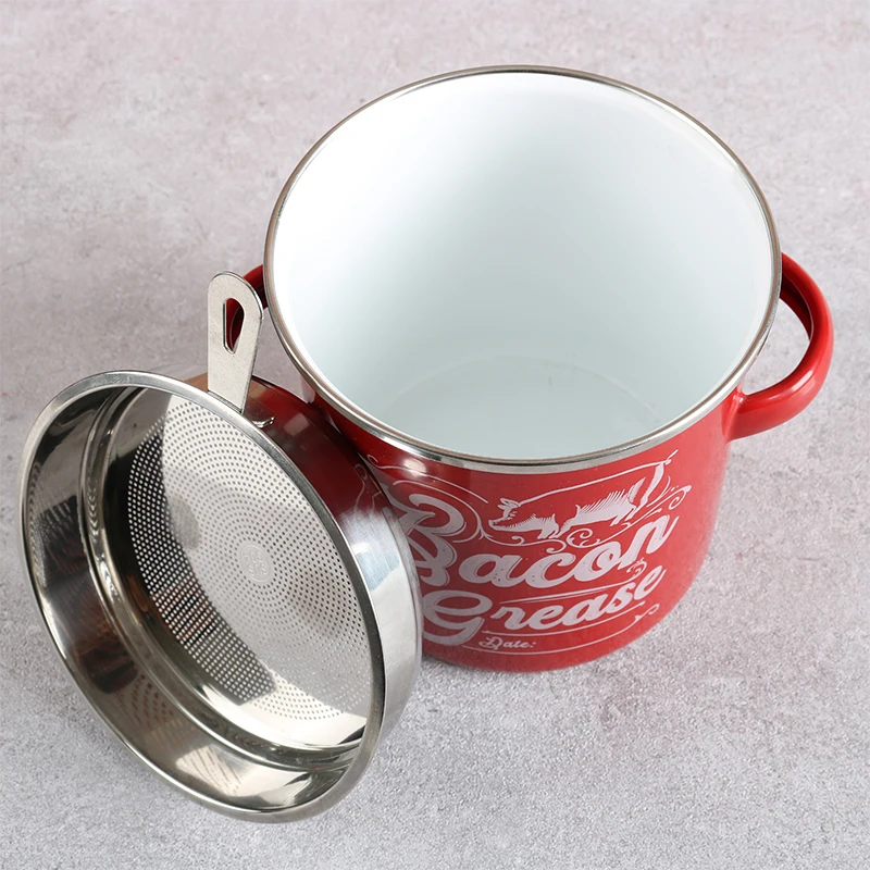 Custom Logo 40oz Food Grade Kitchen Lard  Enamel Storage Jar Cooking Oil Filter Container Bacon Grease Container With Strainer