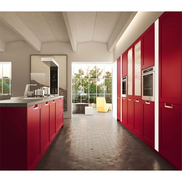 2019 modern light luxury red color wooden kitchen cabinet