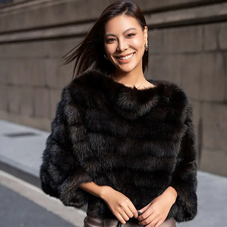 Custom Factory Direct Sales Russian Sable Fur Fashion One Line Neck Cloak Design Pullover Real Mink Fur Loose Top For Women