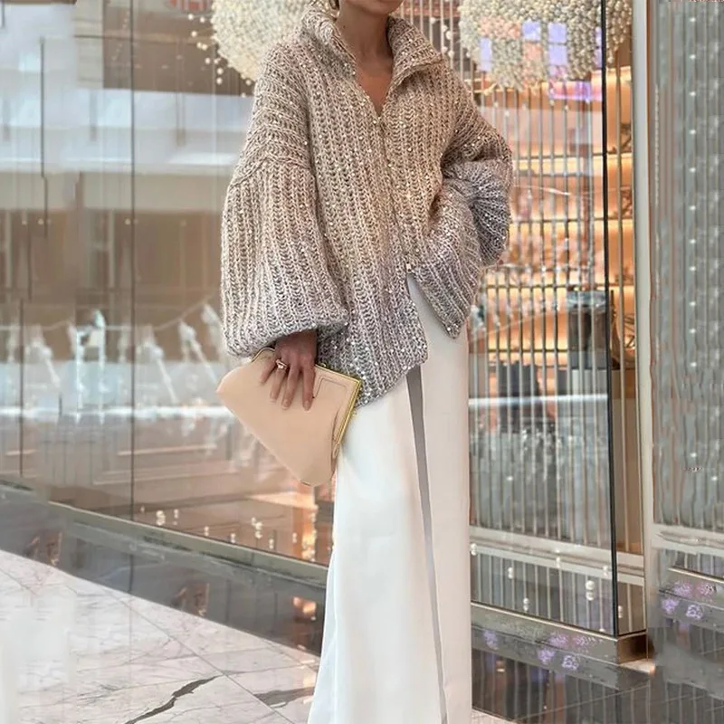 Chic Fashion Winter New Loose Sweater Women with Zipper Quality Sequined Glitter Sweaters